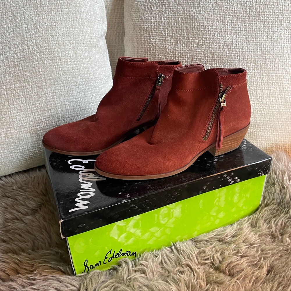 Burnt Orange/Red Suede Ankle Boots